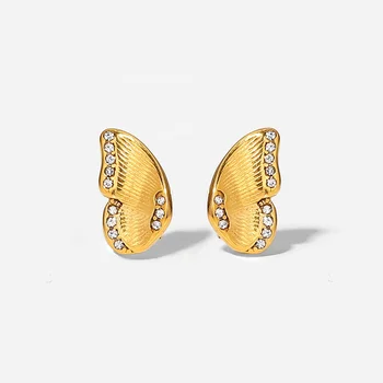 Cute style Wing Shape Cubic Zirconia 18K Gold Plated Stainless Steel Butterfly Stud Earrings For Woman