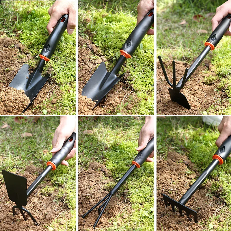 Herramientas de jardinería Mango de plástico negro Rociador de plástico de dos cabezas Azada de doble uso Rastrillo de cinco dientes Pala para flores al aire libre