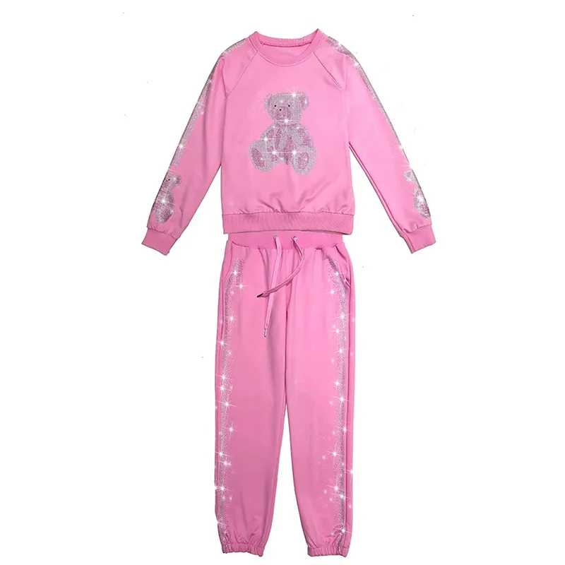 もらって嬉しい出産祝い Rhinestone Cartoon Pink Luopeita Jogger Sweatshirt Pants トップス