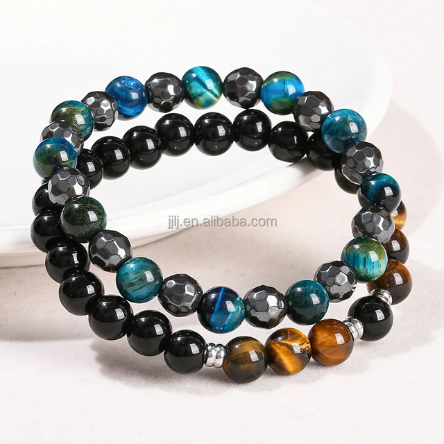 Natural black gallstone sapphire blue tiger's eye stone round bead bracelet, healing stone crystal bracelet.