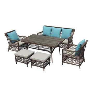 Modern 6-Piece Outdoor Patio Furniture Set Wicker Rattan Sofa Dining Courtyard Includes Cushions for Patio Porch Pool Garden