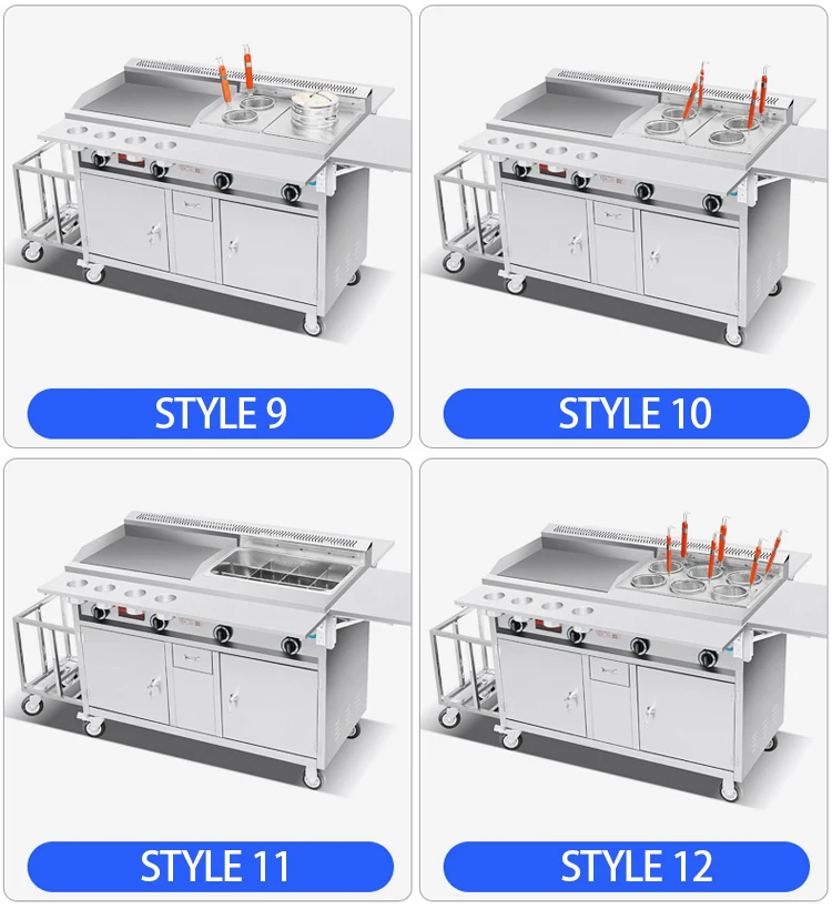 Convertible Hand Trucks Gas Mobile Snack Cart Food Trailer Mobile Stall Grill Plate Warmer Cart Outdoor Rolling Moving Food Cart