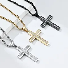 Luxury Cross Shape Zircon Stone Inlay Silver/ Black / Gold Necklaces Men Necklaces For Women Stainless Steel Fashion Necklaces