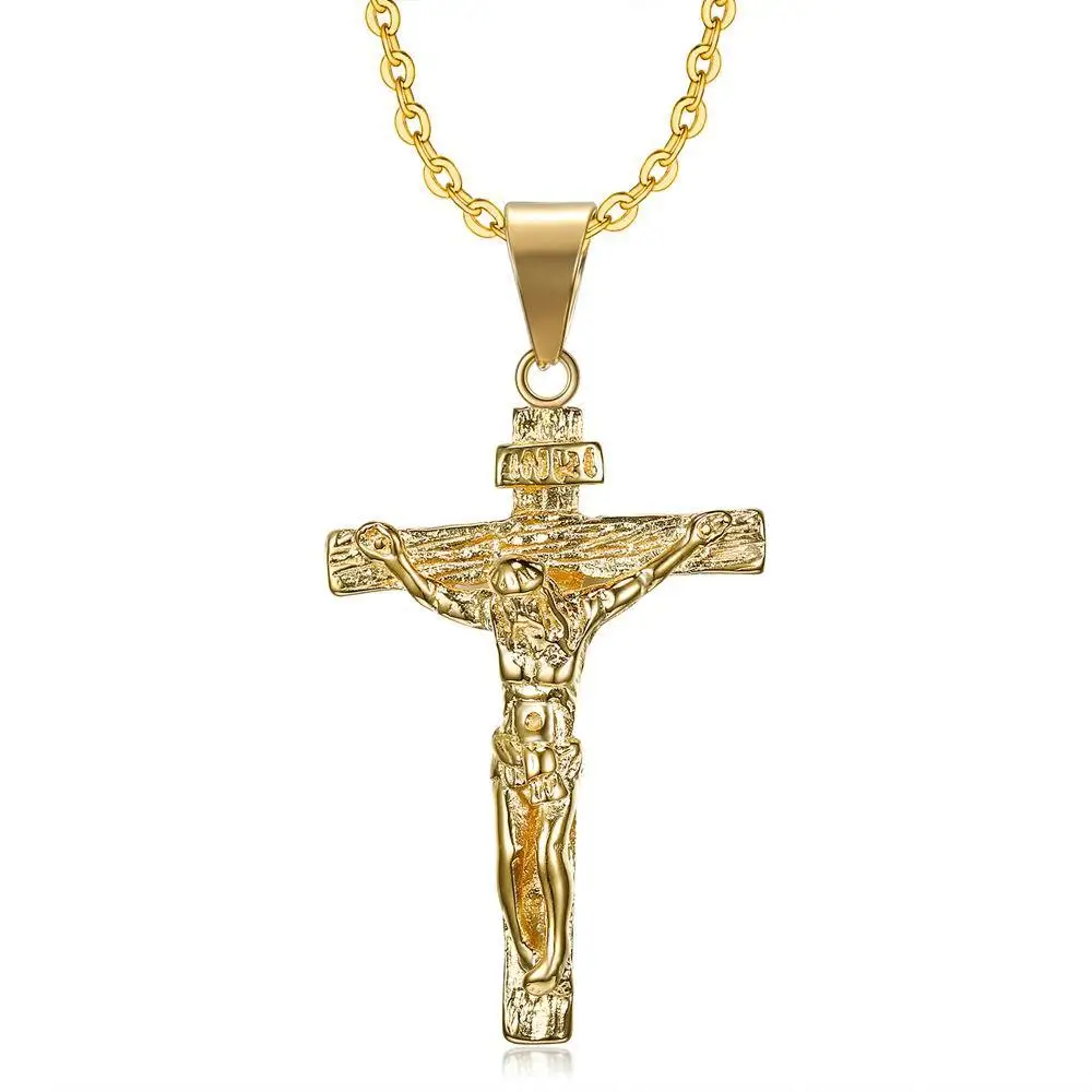 基督教男子不锈钢镀金耶稣项链十字架祈祷上帝保佑我们