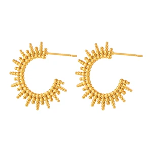 YUKAM Wholesale Fashion 18K Gold Plated Stainless Steel C Shape Round Beads Big Sun Sunflower CC Hoop Earrings for Women Jewelry