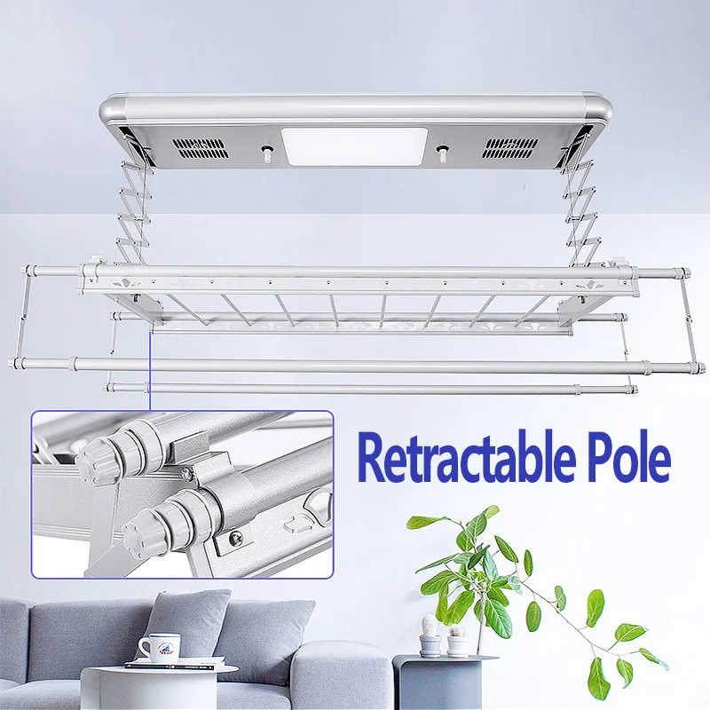Ceiling-Mounted LED Automatic Clothes Drying Rack with Fan Motorized Foldable Hanger