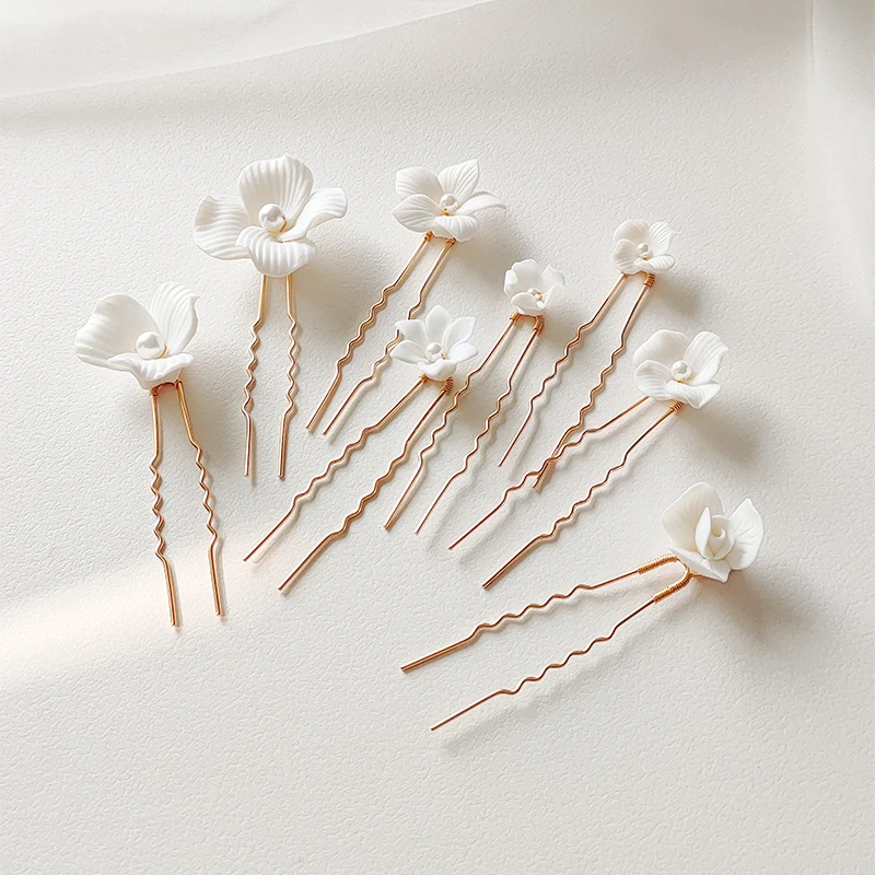 Simple Floral Headpiece Ceramic Flower Hair Pin Pearl Bridal ...