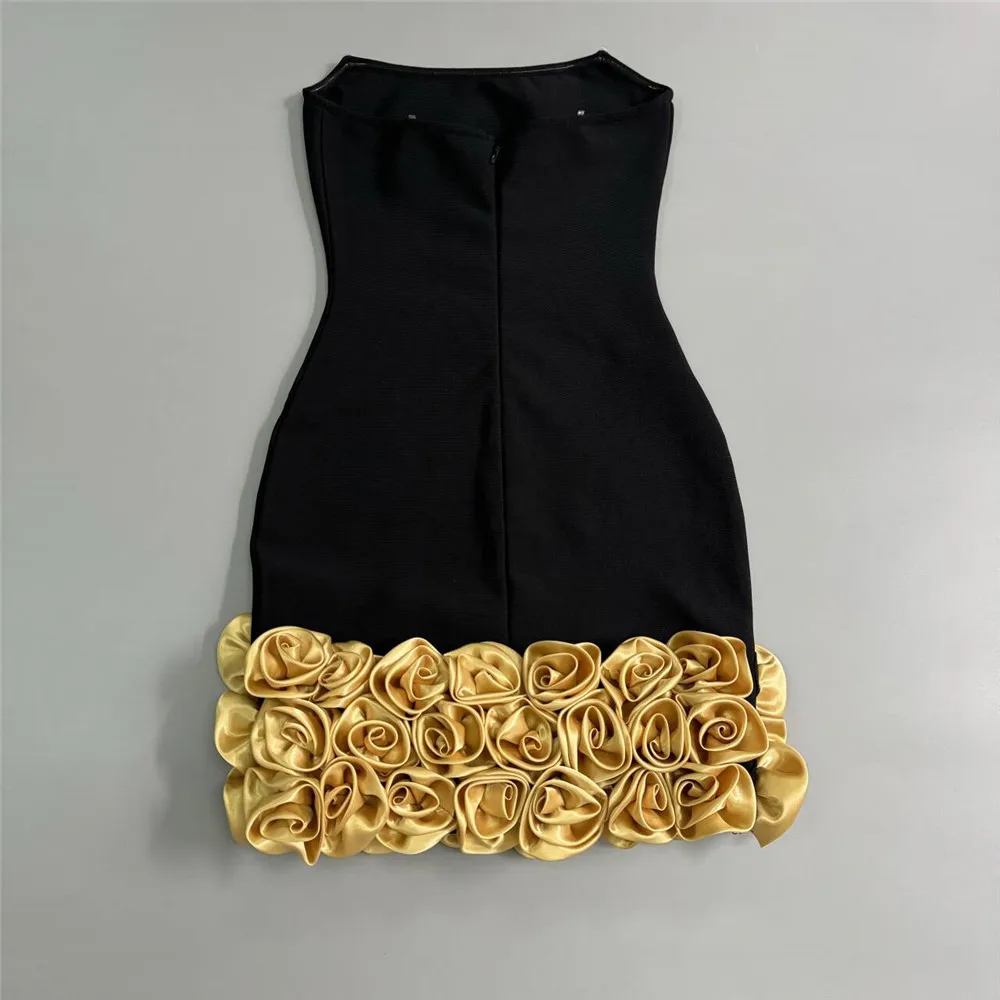 Fashion Black Bandage Mini Dress With 3d Flower Detail, Sleeveless Vintage Party Dress For Women