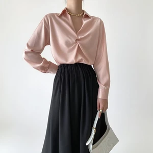 Custom Women's Light Blue Satin Long Sleeve Shirt with Front Twist Detail