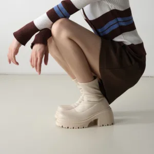 Women's Fashion Korean Ankle Boots Elastic Side Gusset Platform Stretch Design for Height Boosting Comfortable Booties