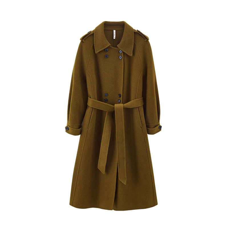 Lady Long Double Faced Solid Woolen Overcoat Belt Winter Double Breasted Cashmere Wool Trench Coat for Women