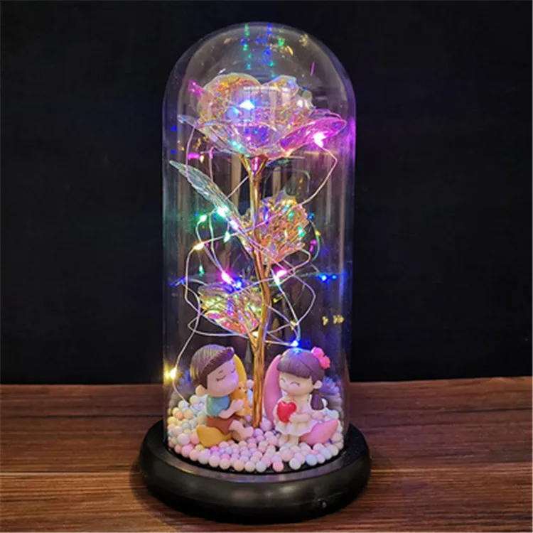 New Style Christmas Tree Toy Gold Rose Flower Doll Glass Cover Decoration Led Light Gift With Package