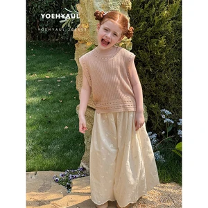 YOEHYAUL 25091 Sleeveless Knit Top Wide Leg Pants Set Hollow Ice Silk Feel Knitwear Embroidered Lace Pants Set for Kids Girls