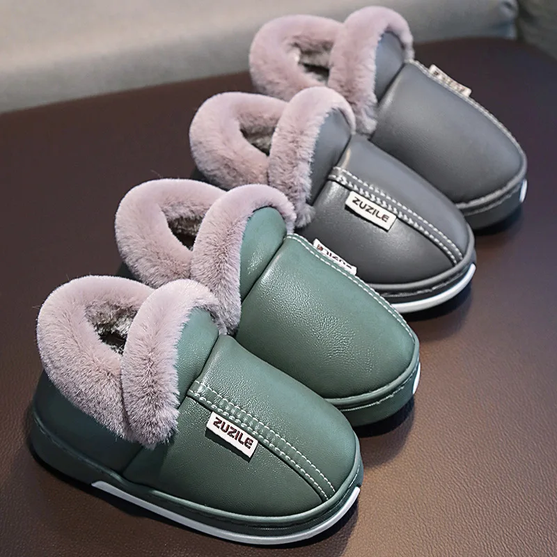 Зимняя детская теплая обувь для мальчиков и девочек; Хлопковые тапочки; Детская Нескользящая водонепроницаемая обувь из искусственной кожи; Модная домашняя теплая Повседневная обувь