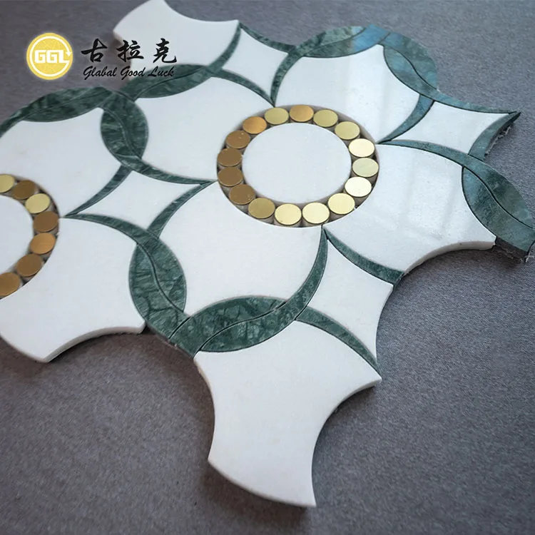 Flower pattern marble mosaic pure white and green marble chips inlaid with gold dots waterjet tile manufacture