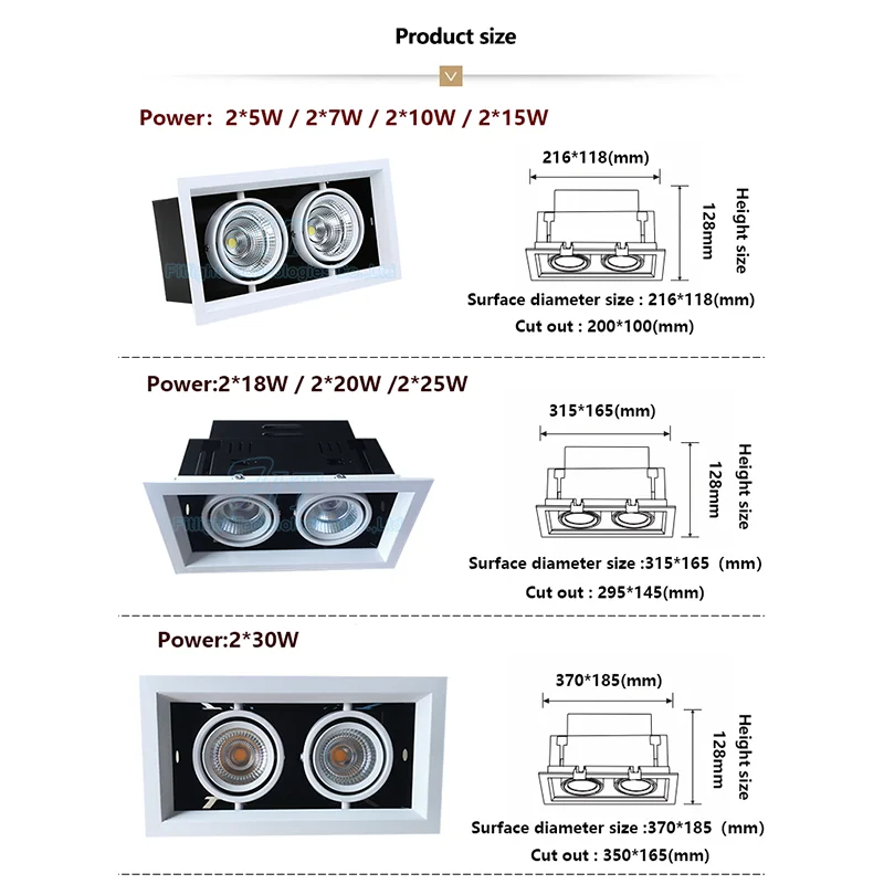 Recessed Led Cob Downlight Single Double Triple Head Cob 2*18w Grille Led Downlight Aluminium Square Led Downlight