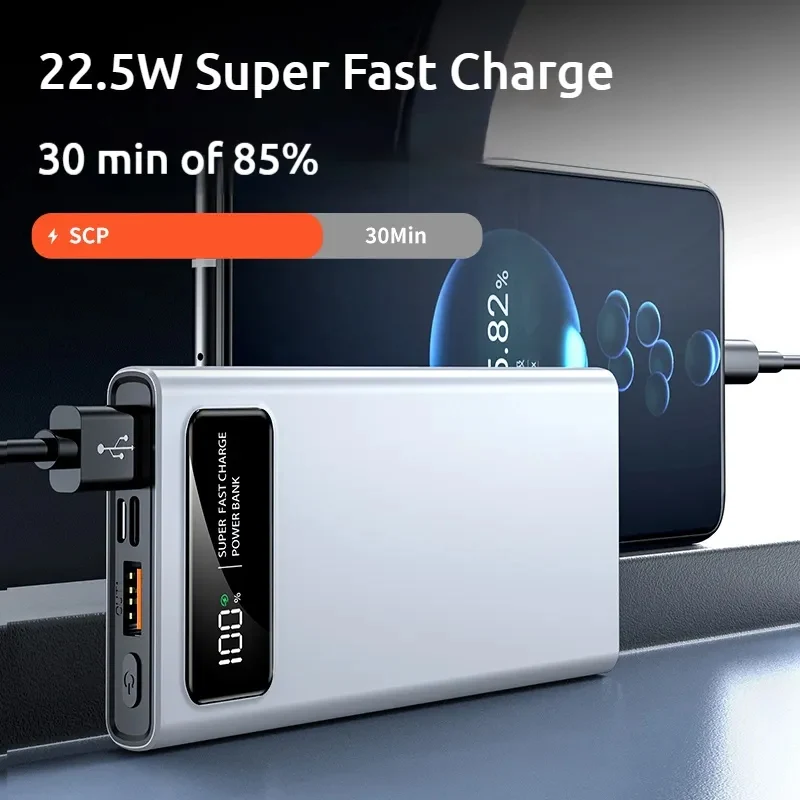 Power Bank 10000mAh Super Fast Charging PD 22.5W, Built-in USB-A+C Port, Digital Display Phone Battery Pack ,Black White PB206