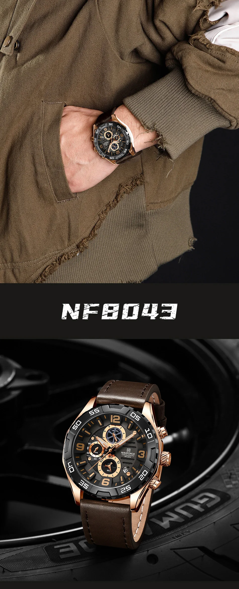 Naviforce 8043 Relógio popular de quartzo com cronógrafo com luminária para homens, marca de moda de alta qualidade, relógio de quartzo