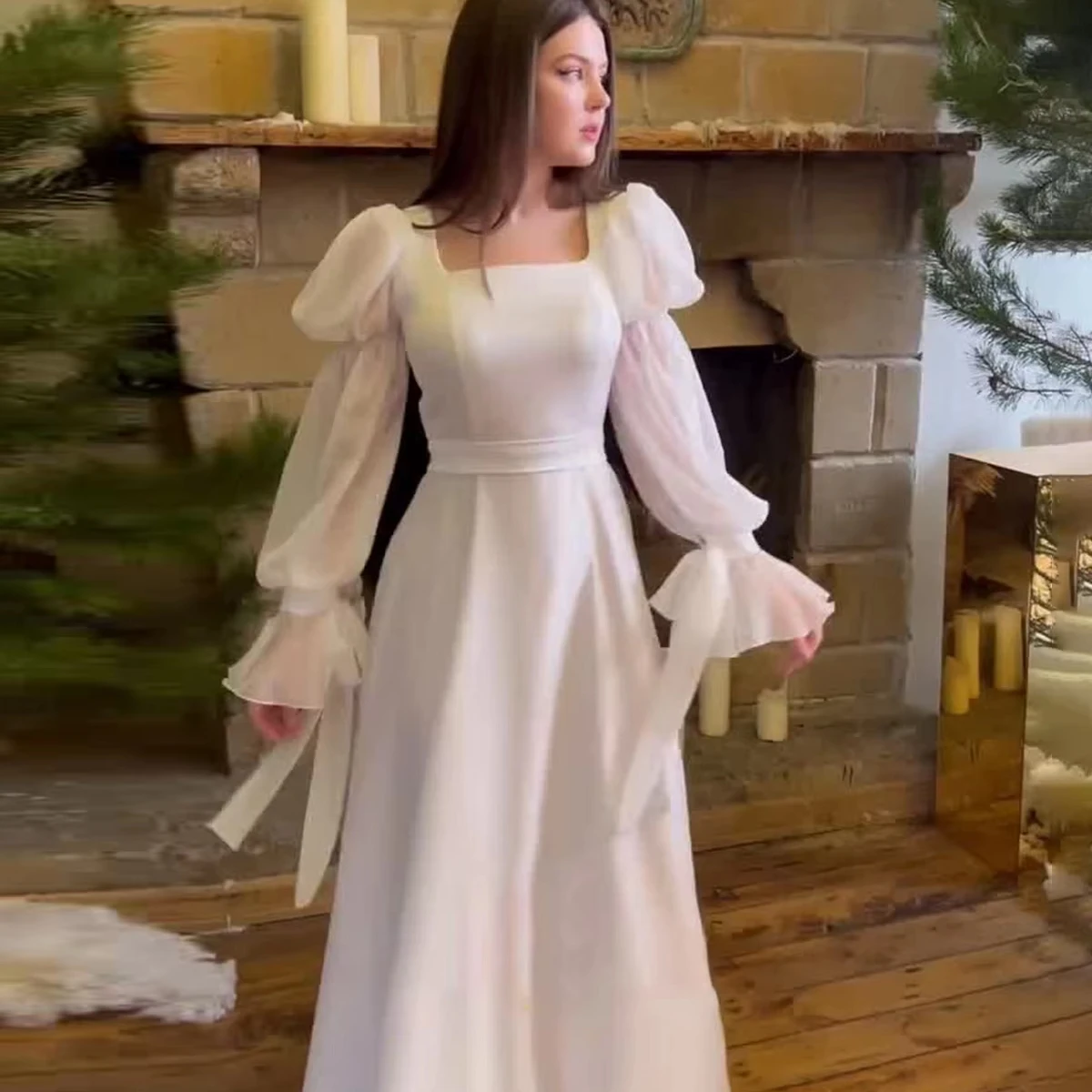 Spring 2025 French Style Sweet Holiday Dress White Square Collar Puff Sleeve Long Dresses Women Elegant Prom Party Dress Casual