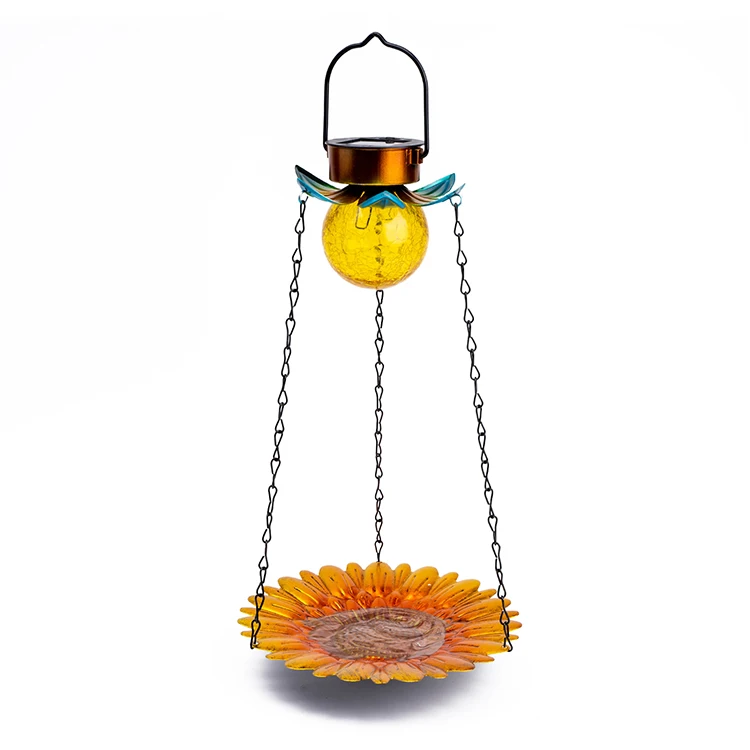 Solar Wild Bird Bath Feeder Outdoor Metal Hanging Glass Feeder Tray Crackle Ball Light Waterproof Yard  