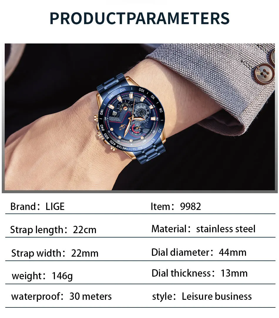 Blue Lige 9982 Men Quartz Watches Luxury Stainless Steel Wrist Watch ...
