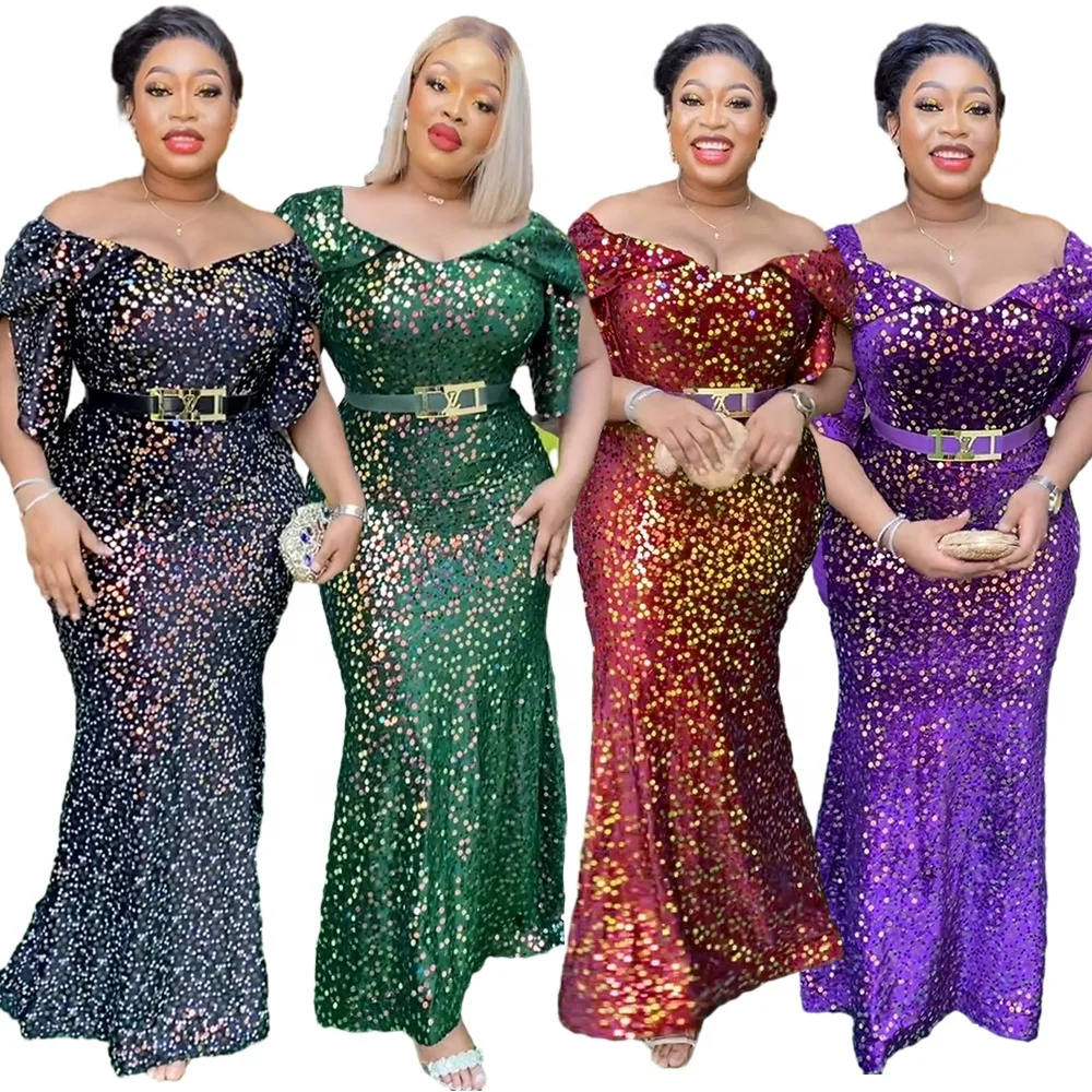 Modest African Women Wedding Bridesmaid Fashion Dresses Elegant Sequin  Bodycon Party Dress Ladies Grown Robe Femme K0135