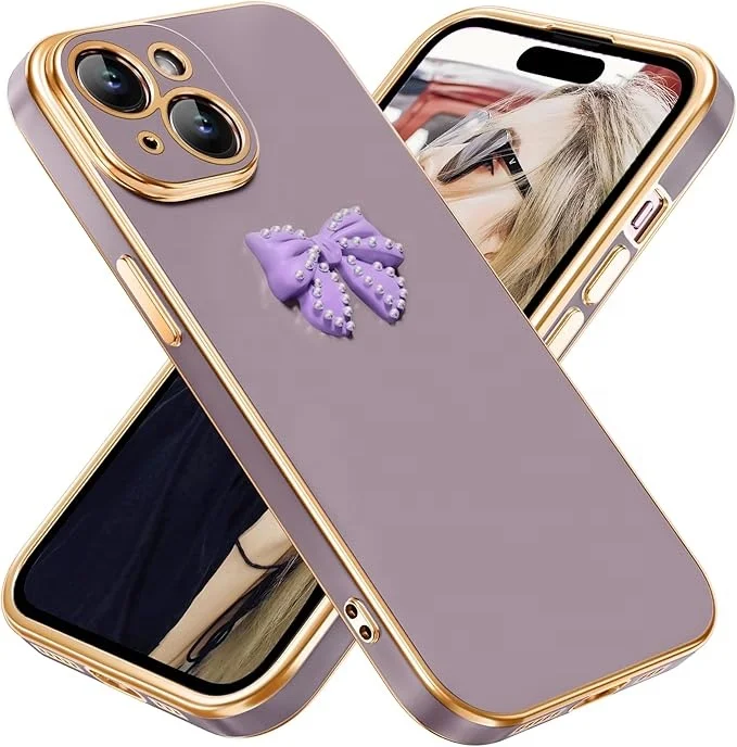 Laudtec Cute Bow Luxury Plating Gold Trim and Slim Phone Case for iPhone 16 pro max Fit Soft TPU Silicone Protective Case