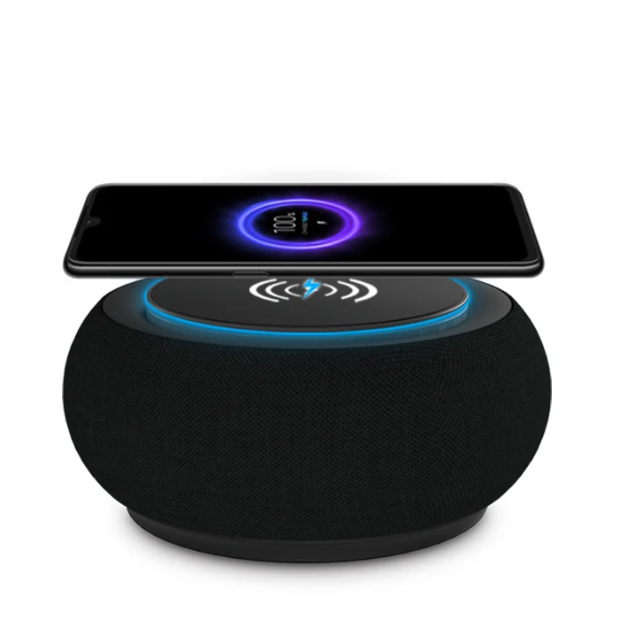 Fabric round speaker combo bluetooth speaker with wireless charger wireless 10w speaker suitable for home use private patent