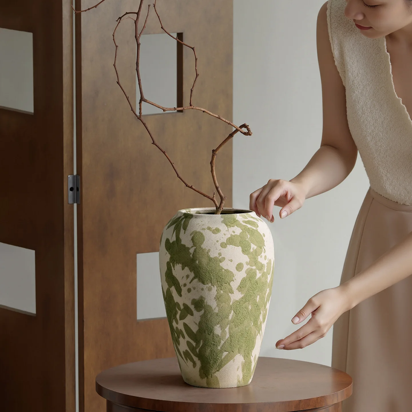 Green Splatter Ceramic Vase Matte Finish Wabi Sabi Style Rustic Home Decor Living Room Dried Flower Arrangement Statement Piece