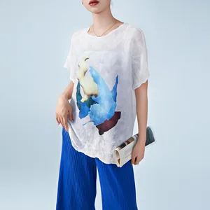 Summer Wholesale Miyake Pleated Short Sleeve Loose Fit Women's T-shirt With Unique Print Casual and Versatile Top