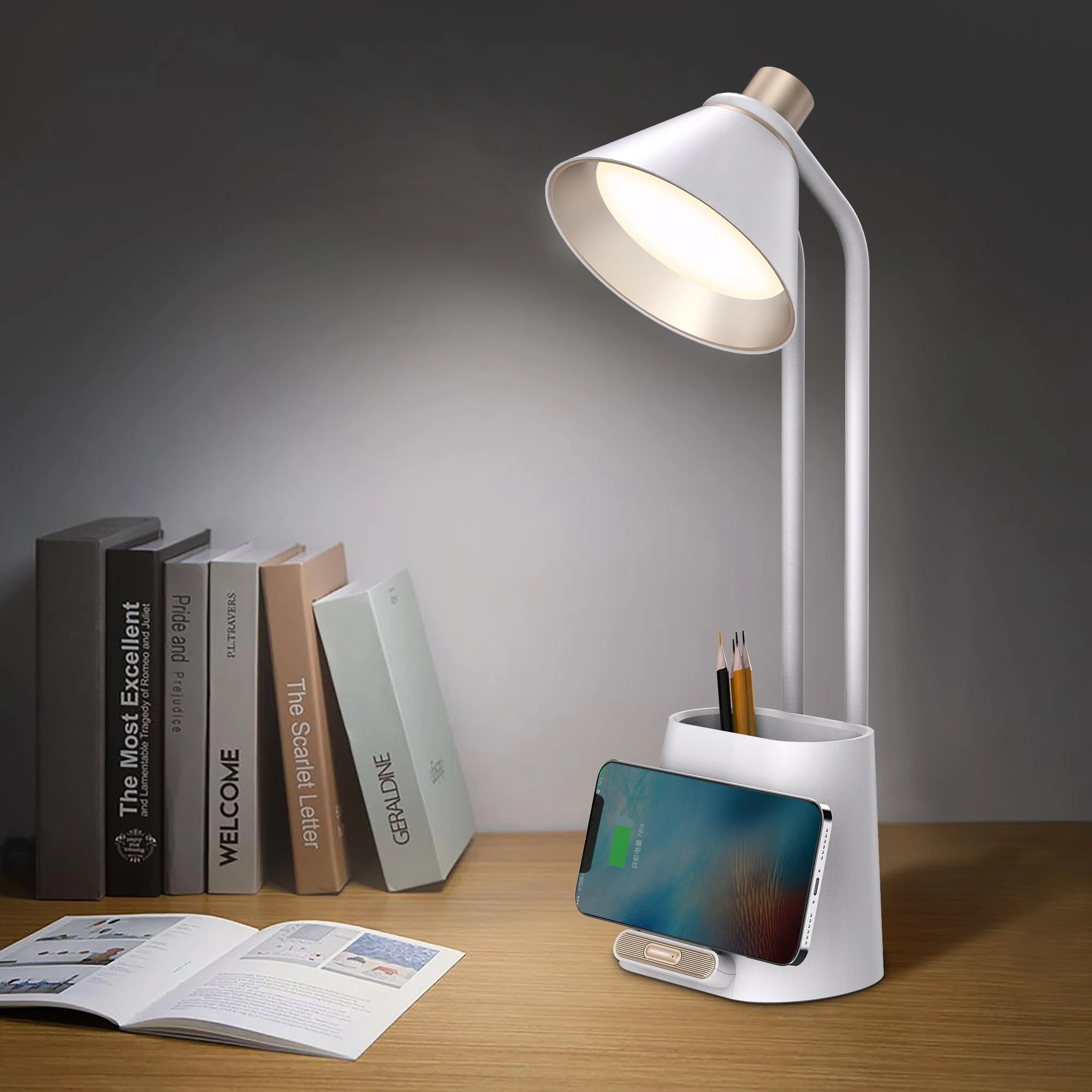 Table Lamp with Wireless Charger Light with Pen Holder 3 Grade Brightness Dimmable Desk Lamp for Children Kid Adult Study Work