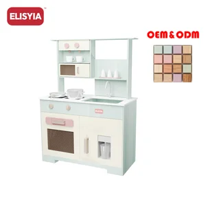 Wooden Kitchen Toys for Girls Boys Large Shape Island Cupboard Range Hood Mixer Tap Ice Dispenser Clock Indoor Home Play