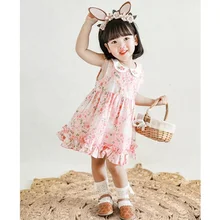 YOEHYAUL Custom Baby Girl Cotton Children Casual Dress Pink Embroidered Floral Print Ruffles Kids Little Girl Dress 4-5 Years