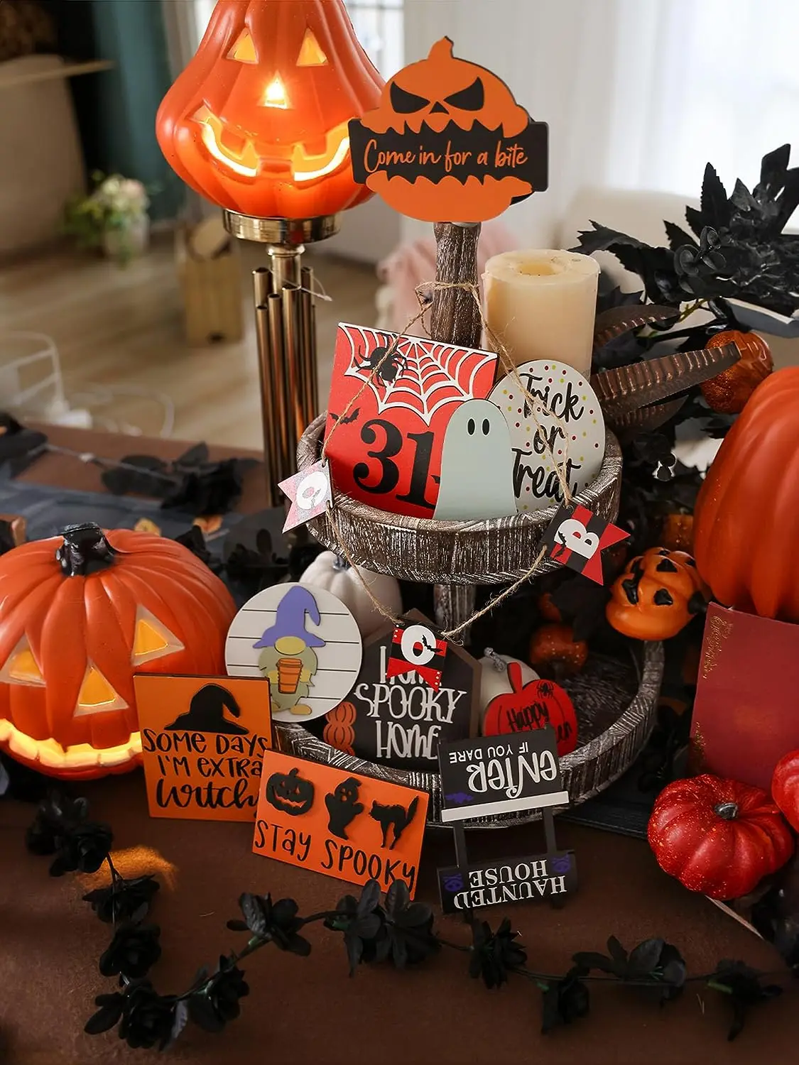 Halloween Tiered Tray Decor Set With Beads Garland Wood Sign Halloween Tiered Tray Fall