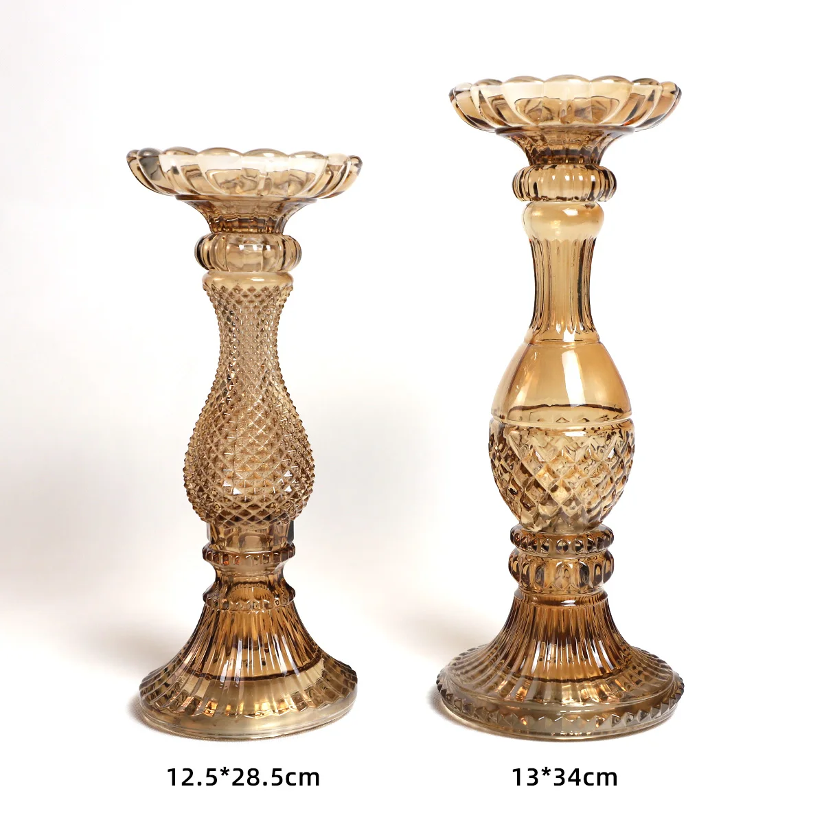 Vintage luxury home decoration tabletop tall long stem pillar clear gold ribbed glass taper candle stand stick holder set of 3 manufacture