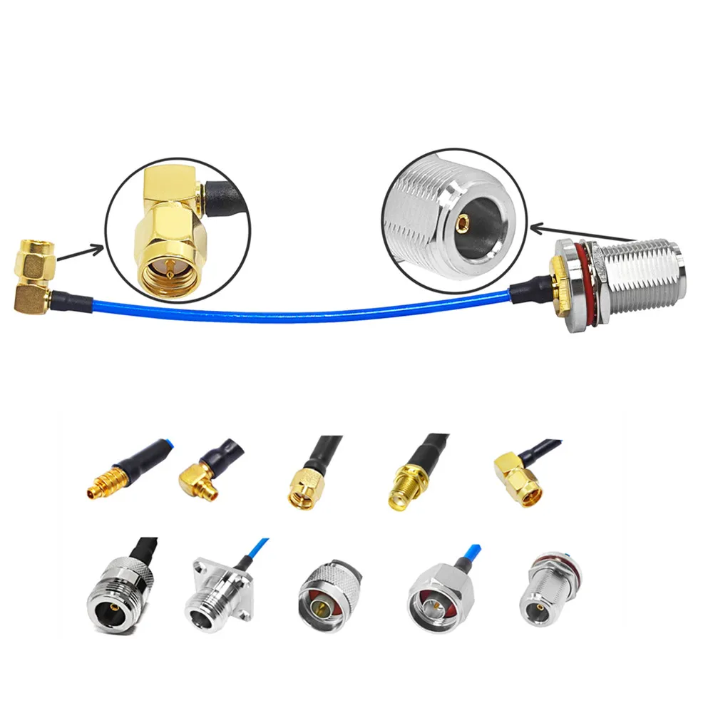15-cm-Sonderanfertigung: N-Stecker (weiblich), Durchführungsstecker mit Wasserschutz, rechter Winkel, auf SMA-Stecker (männlich), für HF-Pigtails aus RG402-Kabel