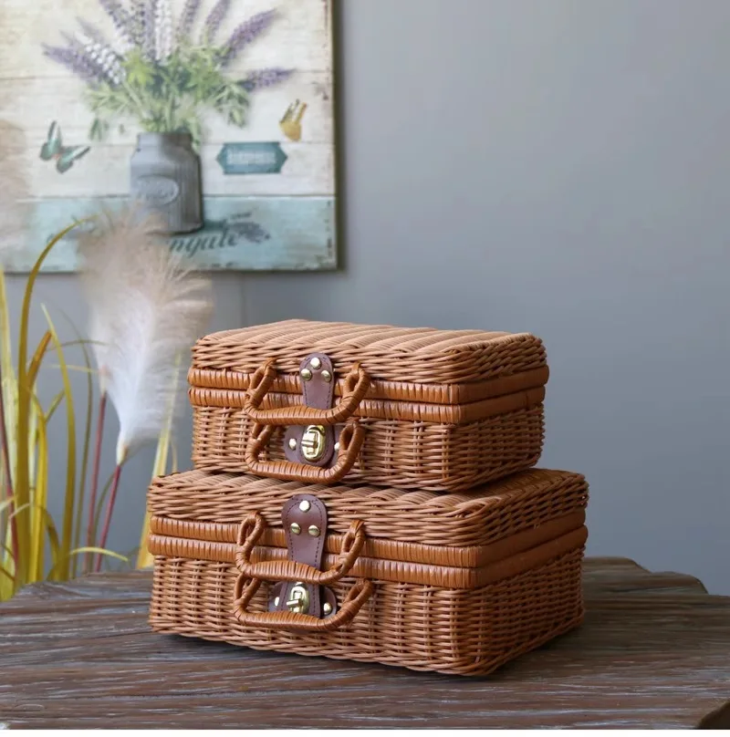 Горячая распродажа винтажная плетеная корзина для пикника складываемая мягкая прямоугольная тканая пластиковая сумка из ротанга с крышкой