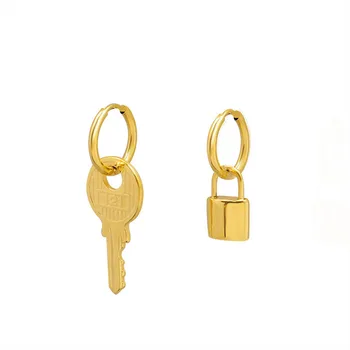 Individuality Real Gold Plated Titanium Steel Asymmetric Key Lock Drop Earring Special Gift Key And Lock Pendant Earring