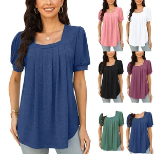 J1 Cross-Border Export 2024 Spring Summer Collection New Pleated Loose Casual Short-Sleeved T-Shirt N1-343 Knitted Anti-Pilling