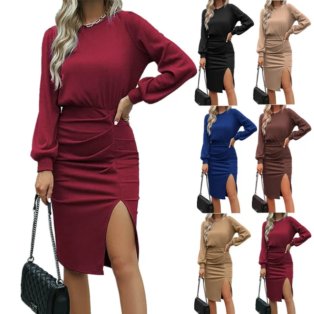 73 round neck long sleeve slit solid lady office wear casual dresses sexy romantic women's clothing female casual dress