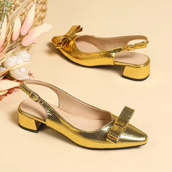 2024 Fashionable gold bow breathable middle heel shoes