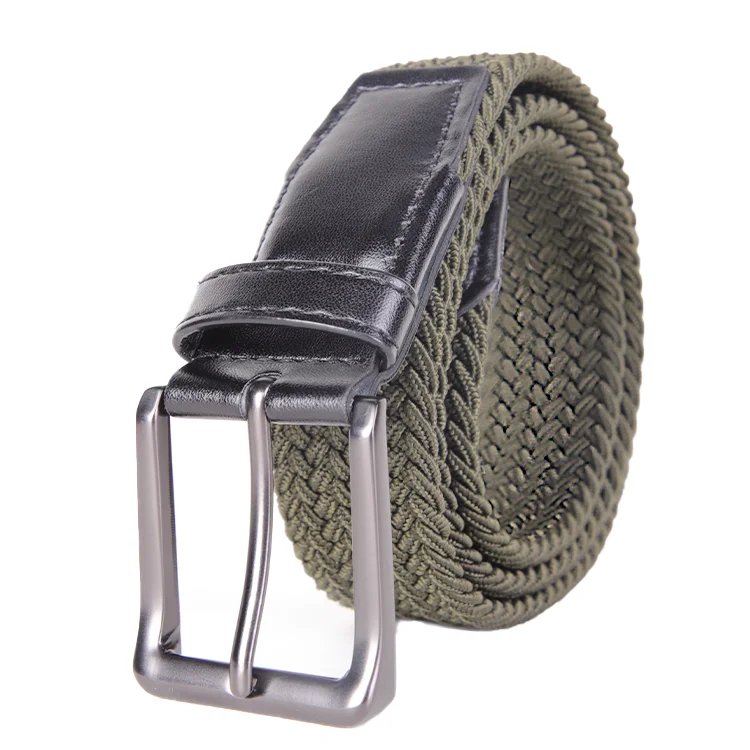 Men's Elastic Braided Polyester Knitted Belt Casual Woven Stretch Belts with Black PU Ends