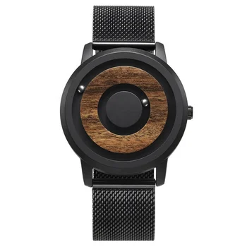 Luxury Classy Swiss Quartz Black Steel Watch With Wood Dial Magnetic Ball Wooden Watches For Men And Women