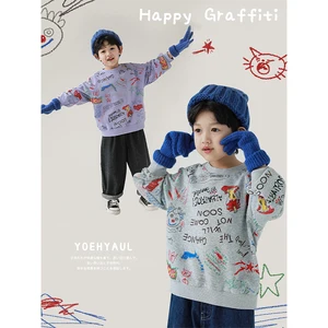 Custom Fashion Graffiti Printed Raglan Sleeve Oversized Kids Sweatshirt Top Ribbed Children Boy Sweatshirt for Kids Boys