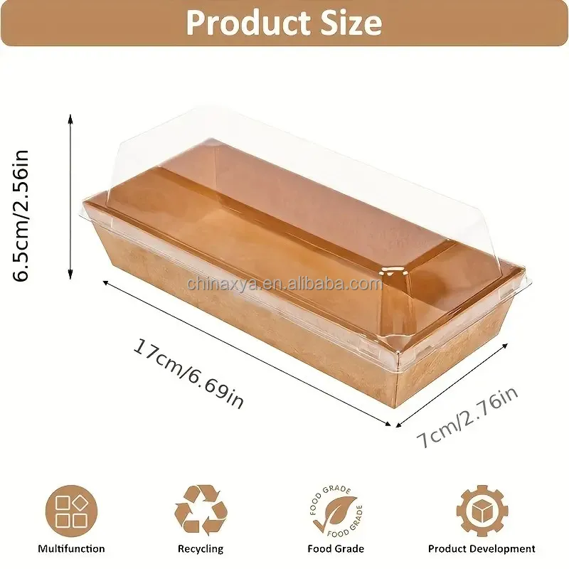 Brown Kraft Paper Rectangle Disposable Food Containers Cake Boxes with Clear Lid For Sandwich, Taco, Egg Tart, Cupcake, Donut details