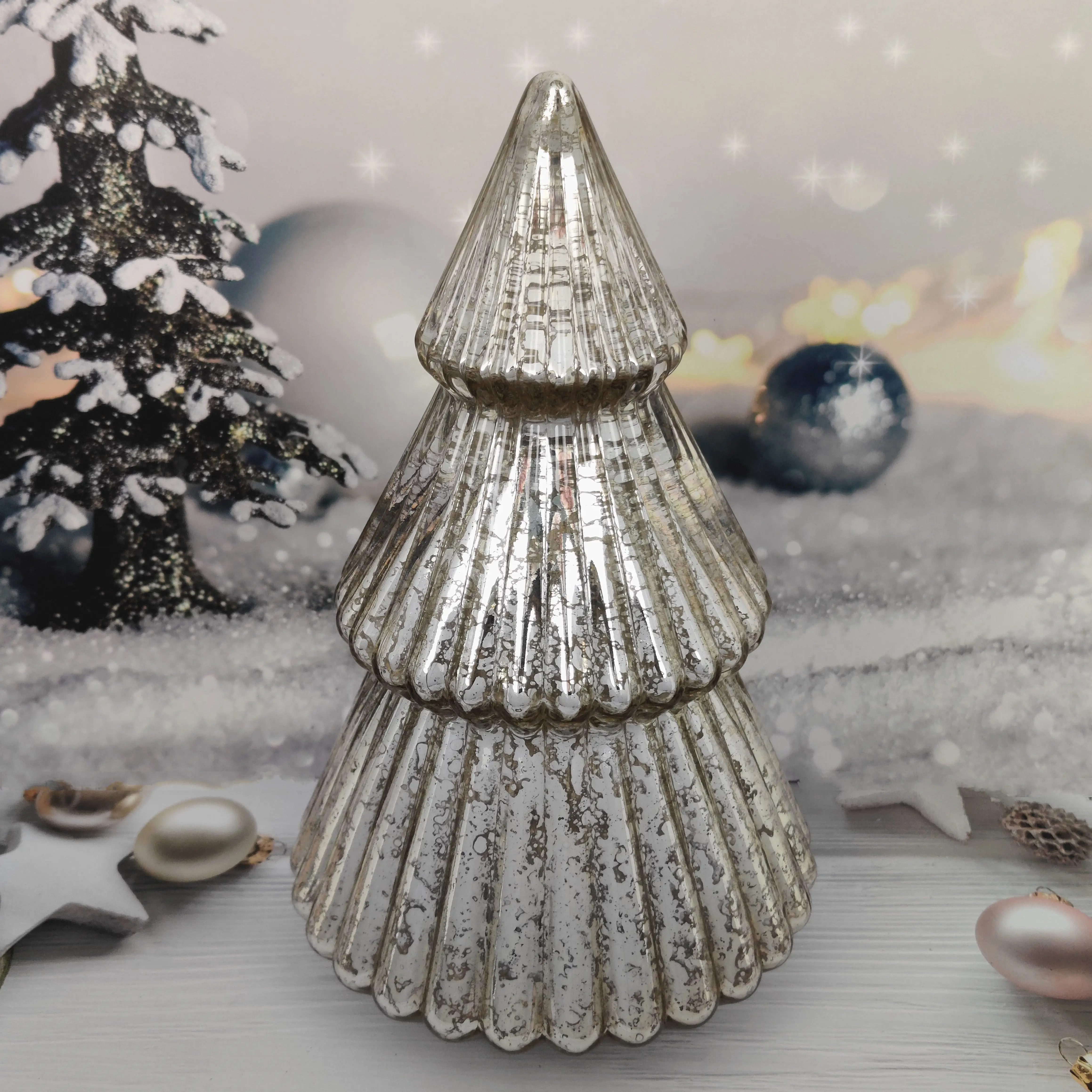 Battery operated handmade mercury glass Christmas ornament tree figurine with led light factory