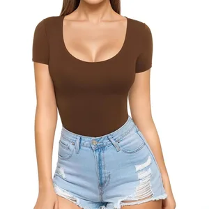 2025 Summer Sexy Women's Low Round Neck Short Sleeved Casual Slim Fit T-shirt