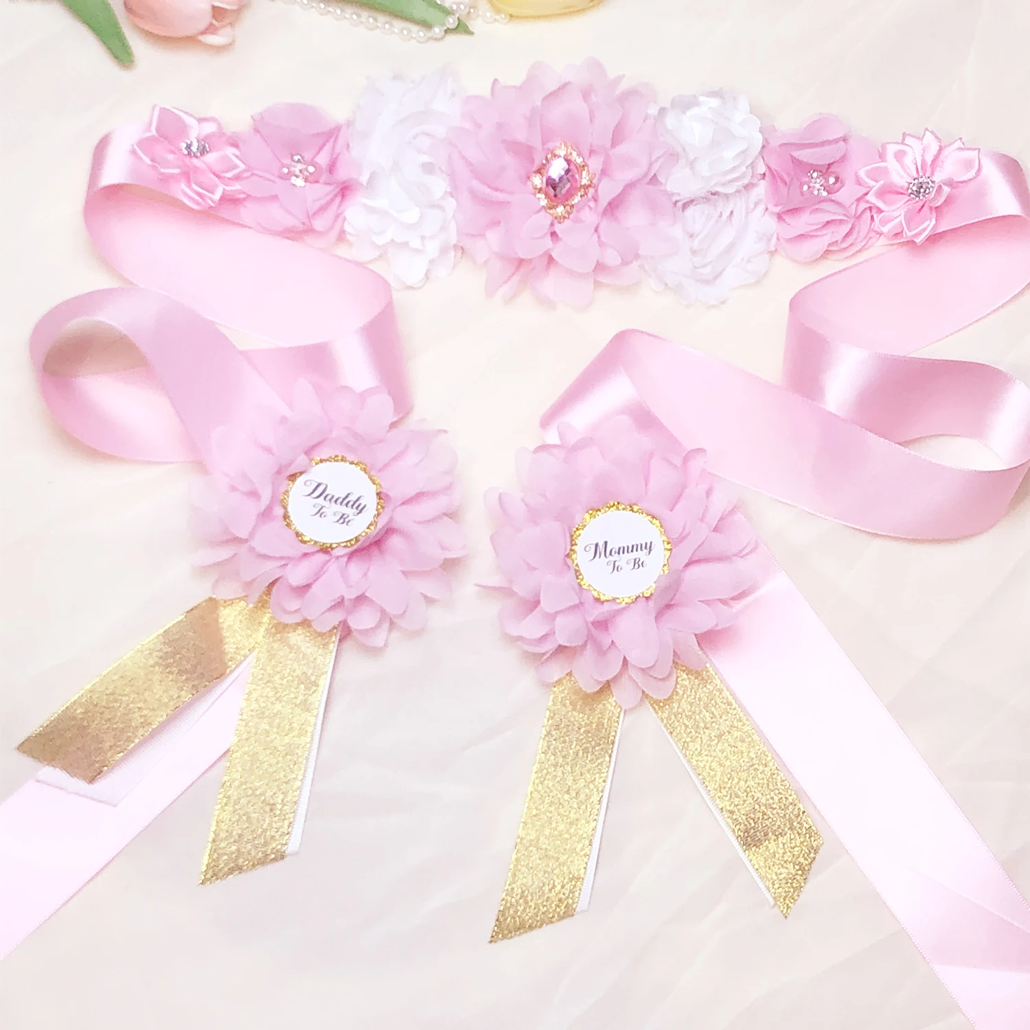 Sage pink Maternity Sash and Corsage Set Mom Daddy to Be Baby