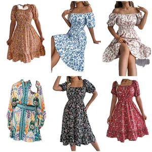 Customize Elegant Custom Floral Print Midi Dress Short Puff Sleeve Square Neck Shirred Detail Casual Style Summer Autumn Front