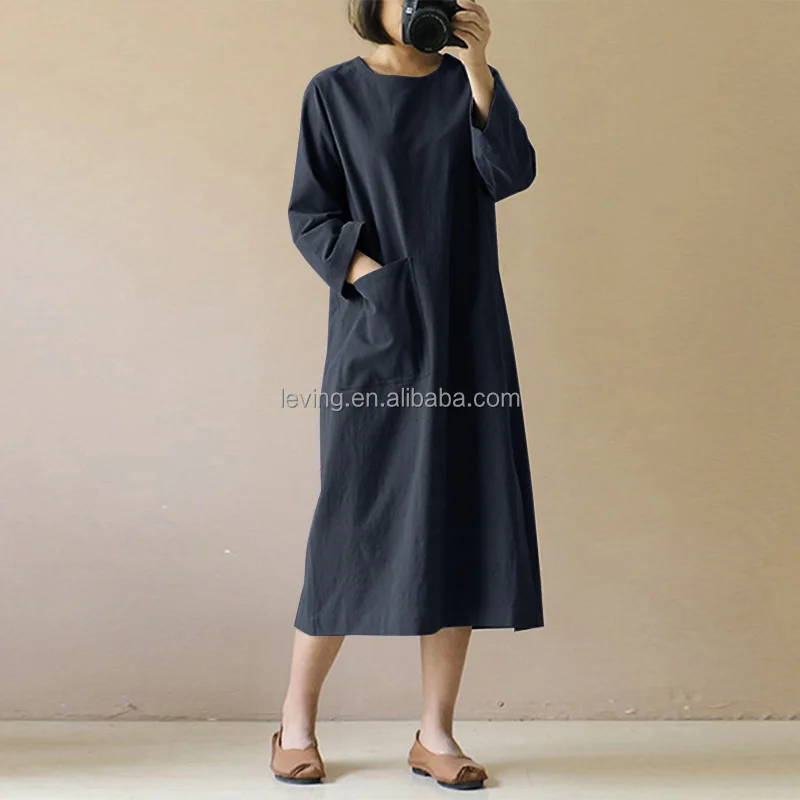 Hot Selling Japanese High Quality Linen Dresses Long Sleeve Plain 